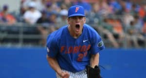 University of Florida pitcher Jack Leftwich reacts to an inning-ending strikeout against Miami- Florida Gators baseball- 1280x852