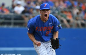 University of Florida pitcher Jack Leftwich reacts to an inning-ending strikeout against Miami- Florida Gators baseball- 1280x852