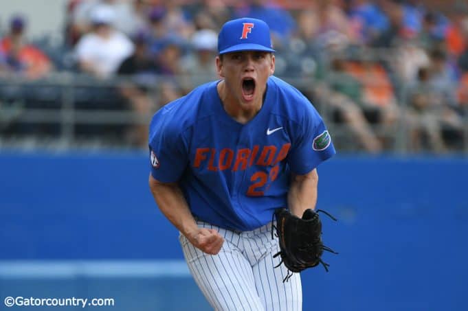 University of Florida pitcher Jack Leftwich reacts to an inning-ending strikeout against Miami- Florida Gators baseball- 1280x852