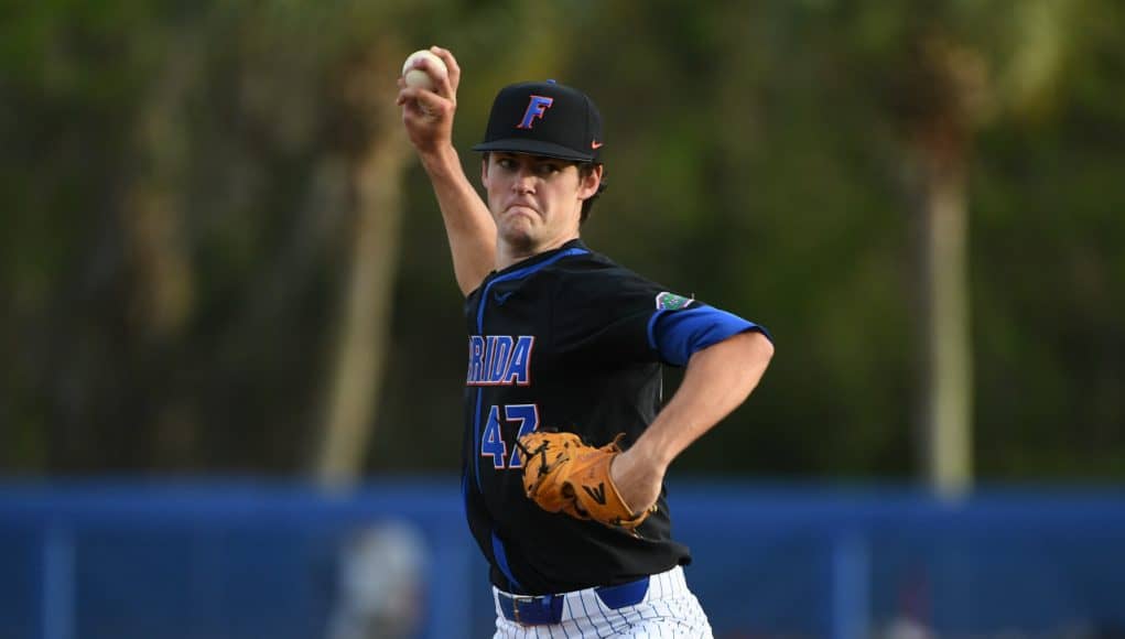 University of Florida pitcher Tommy Mace throws a scoreless second inning against Long Beach State- Florida Gators baseball- 1280x853