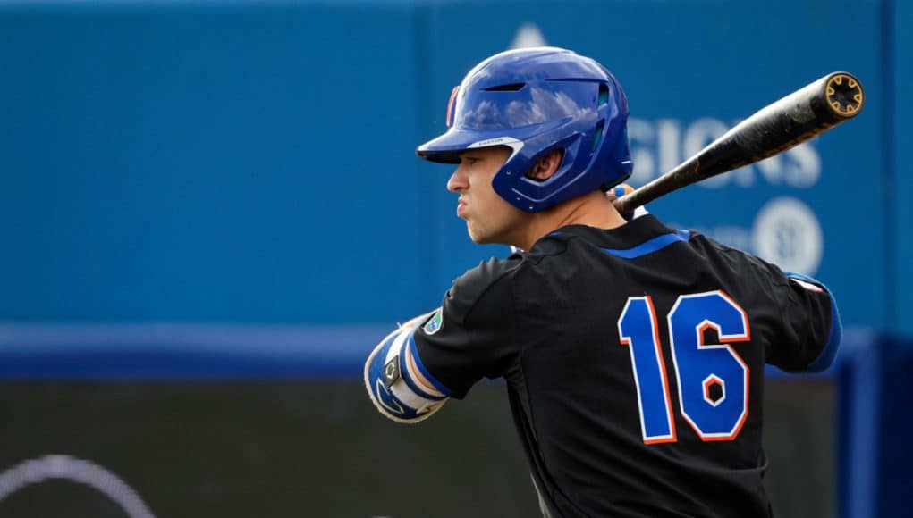 University of Florida right fielder Wil Dalton watches from the on deck circle during the Florida Gators opening night win over Long Beach State- Florida Gators baseball- 1280x853