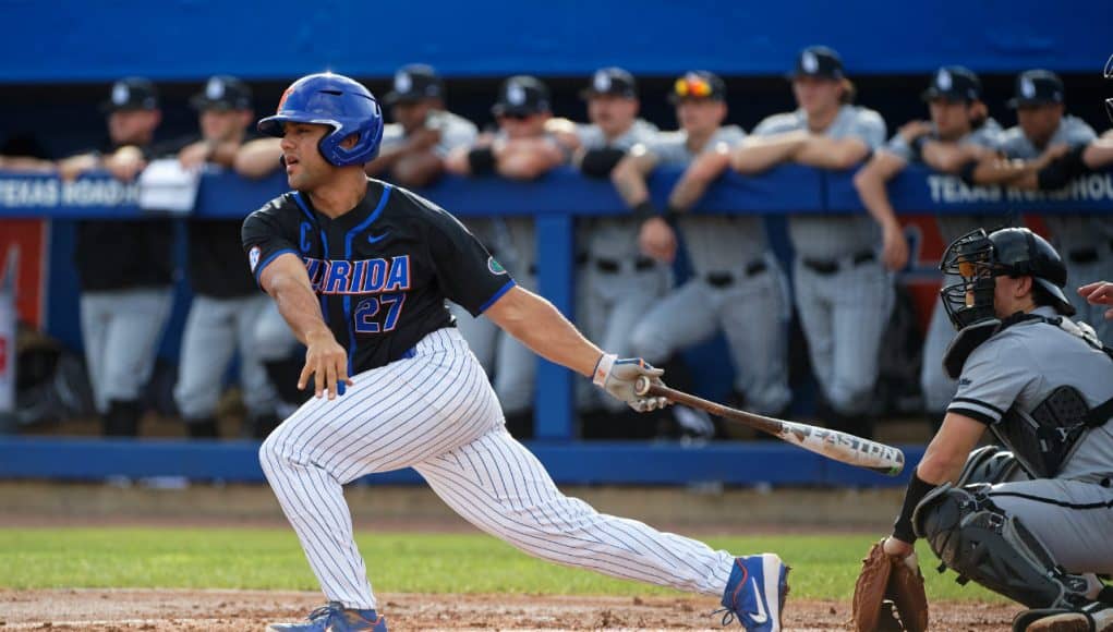 University of Florida designated hitter Nelson Maldonado singles against the Long Beach State Dirtbags- Florida Gators baseball- 1280x853