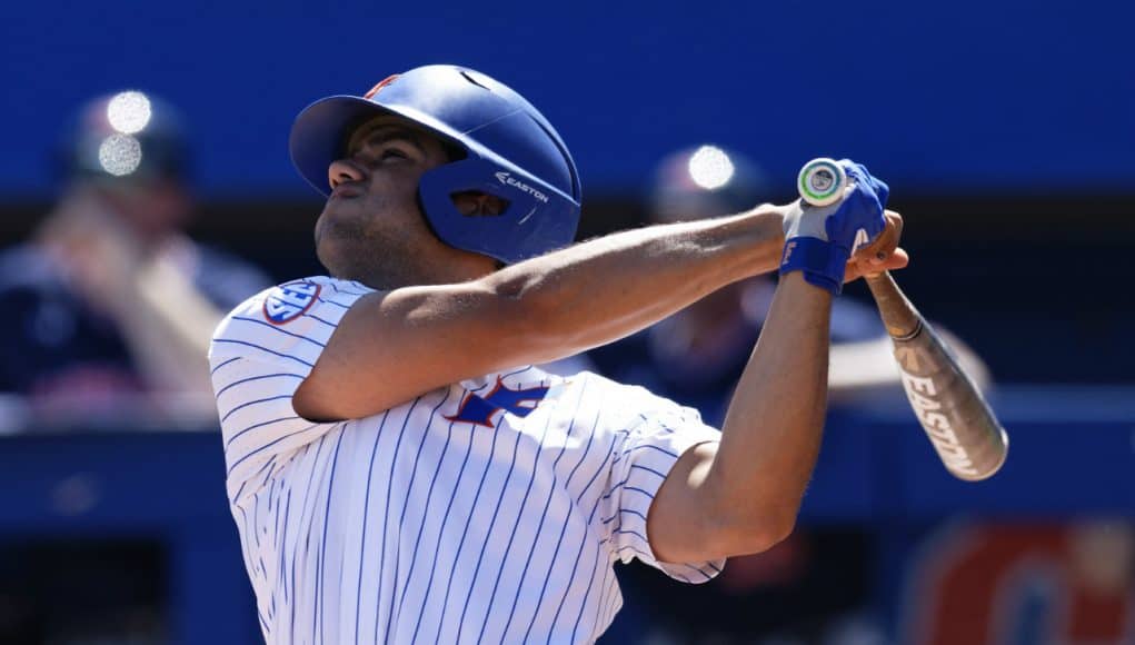 University of Florida designated hitter Nelson Maldonado watches a ball fly into the outfield for a single in the Gainesville Super Regional- Florida Gators baseball- 1280x853