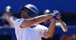 University of Florida designated hitter Nelson Maldonado watches a ball fly into the outfield for a single in the Gainesville Super Regional- Florida Gators baseball- 1280x853