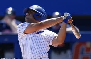 University of Florida designated hitter Nelson Maldonado watches a ball fly into the outfield for a single in the Gainesville Super Regional- Florida Gators baseball- 1280x853