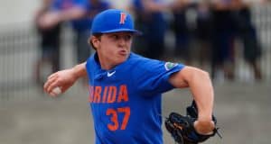 University of Florida freshman pitcher Nolan Crisp delivers to the plate in a home win over Miami- Florida Gators baseball- 1280x853
