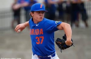 University of Florida freshman pitcher Nolan Crisp delivers to the plate in a home win over Miami- Florida Gators baseball- 1280x853
