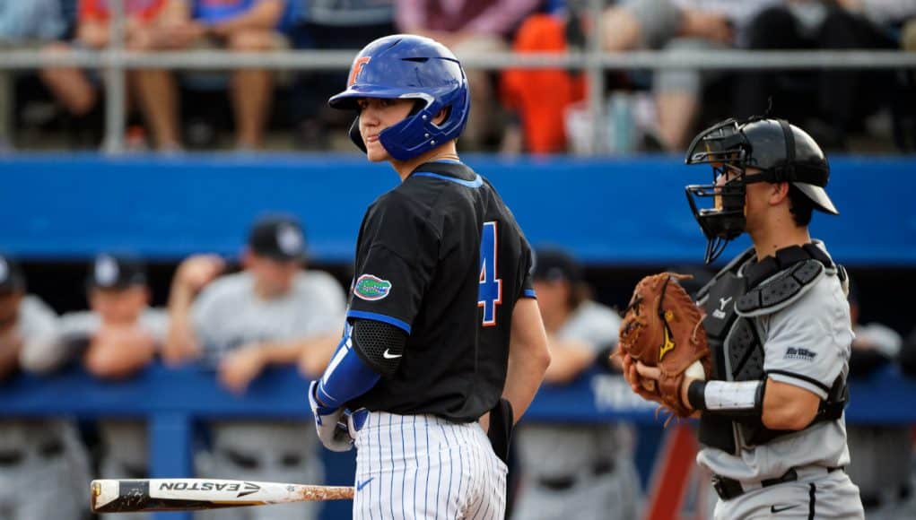 University of Florida outfielder Jud Fabian looks down to get a sign during the Florida Gators opening weekend win over Long Beach State- Florida Gators baseball- 1280x853