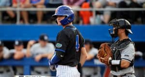 University of Florida outfielder Jud Fabian looks down to get a sign during the Florida Gators opening weekend win over Long Beach State- Florida Gators baseball- 1280x853