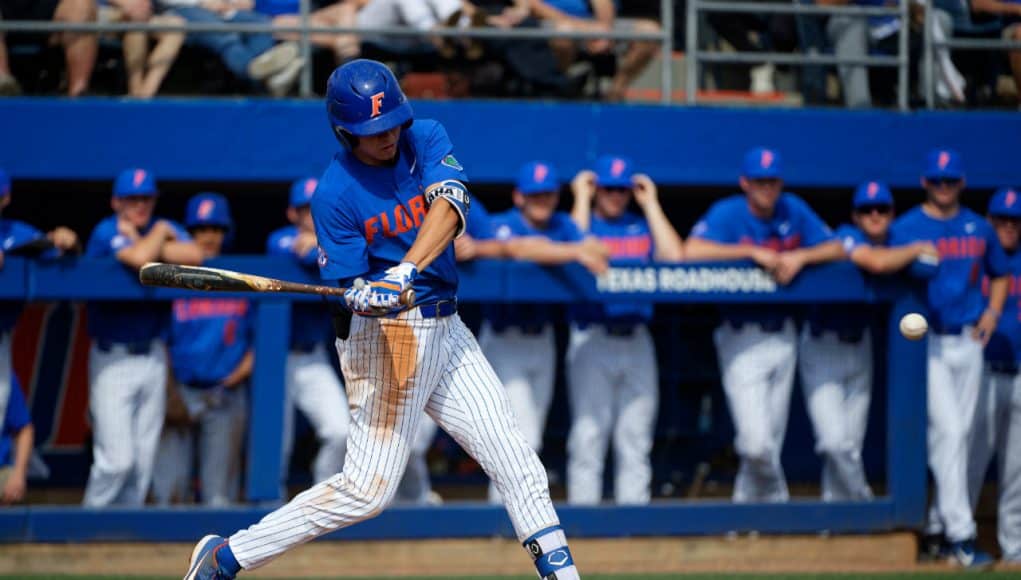 University of Florida shortstop Brady McConnell singles against the Miami Hurricanes- Florida Gators baseball- 1280x853