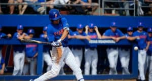 University of Florida shortstop Brady McConnell singles against the Miami Hurricanes- Florida Gators baseball- 1280x853