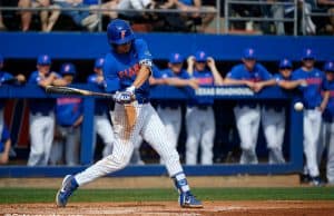 University of Florida shortstop Brady McConnell singles against the Miami Hurricanes- Florida Gators baseball- 1280x853