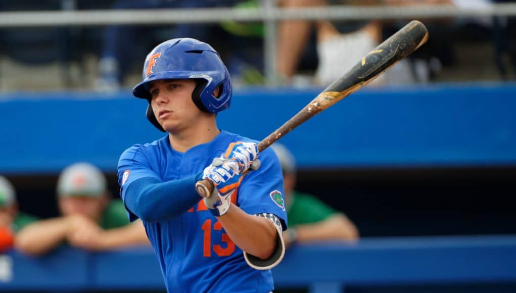University of Florida shortstop Brady McConnell takes a swing in a win over the Miami Hurricanes- Florida Gators baseball- 1280x853