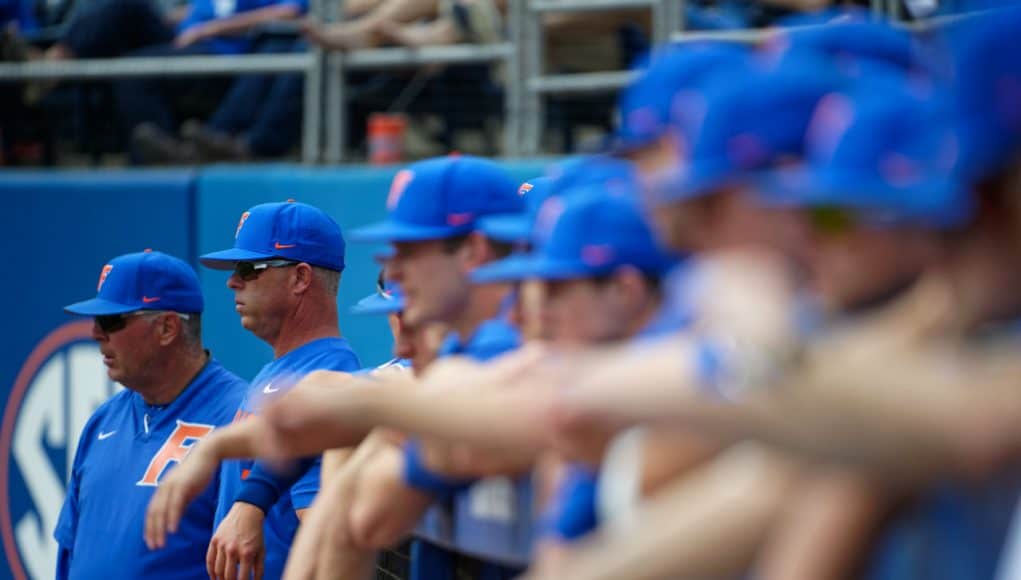 University of Florida coach Kevin O'Sullivan and the Gators watch on from the dugout as the Gators defeat the Miami Hurricanes- Florida Gators baseball- 1280x853