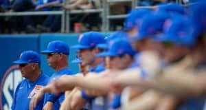 University of Florida coach Kevin O'Sullivan and the Gators watch on from the dugout as the Gators defeat the Miami Hurricanes- Florida Gators baseball- 1280x853
