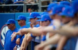 University of Florida coach Kevin O'Sullivan and the Gators watch on from the dugout as the Gators defeat the Miami Hurricanes- Florida Gators baseball- 1280x853
