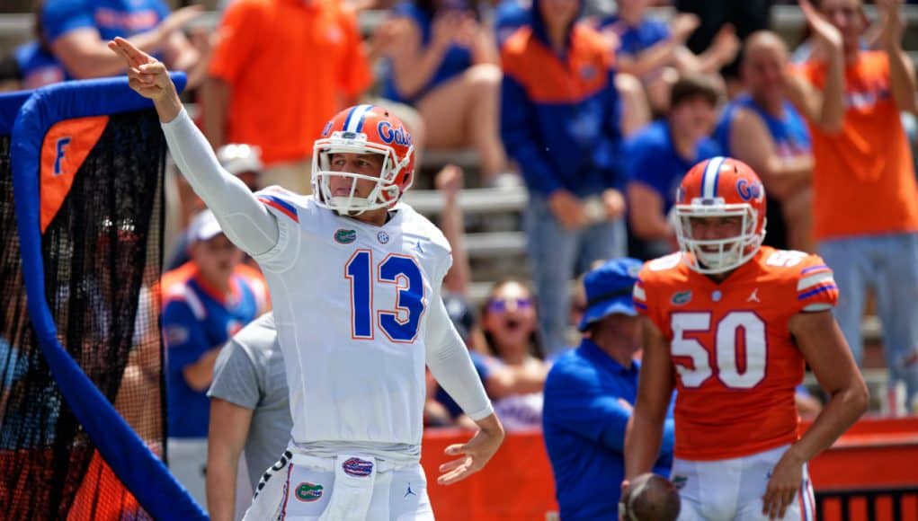 University of Florida quarterback Feleipe Franks celebrates a first down after catching a 46-yard pass from Kadarius Toney- Florida Gators football- 1280x852