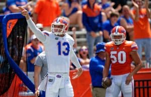 University of Florida quarterback Feleipe Franks celebrates a first down after catching a 46-yard pass from Kadarius Toney- Florida Gators football- 1280x852