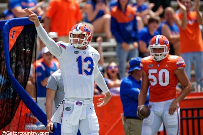 University of Florida quarterback Feleipe Franks celebrates a first down after catching a 46-yard pass from Kadarius Toney- Florida Gators football- 1280x852