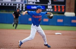 University of Florida third baseman Cory Acton throws to first in a win over the Miami Hurricanes- Florida Gators baseball- 1280x853