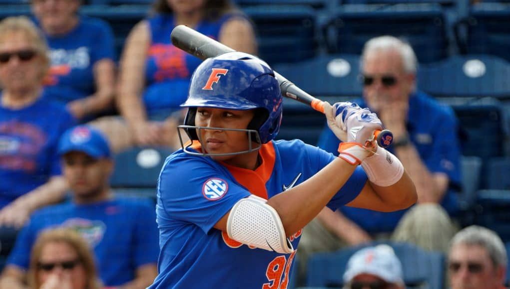 Florida Gators softball utility player Jordan Matthews hits in 2019-1280x853