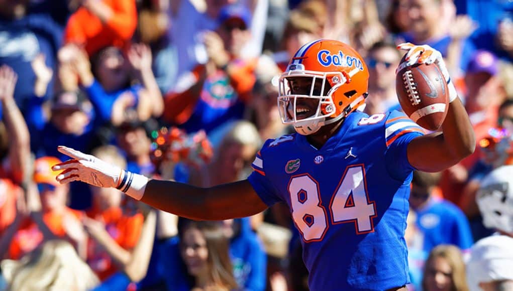 University of Florida receiver Kyle Pitts celebrates a touchdown catch against Idaho - Florida Gators football - 1280x853