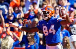 University of Florida receiver Kyle Pitts celebrates a touchdown catch against Idaho - Florida Gators football - 1280x853