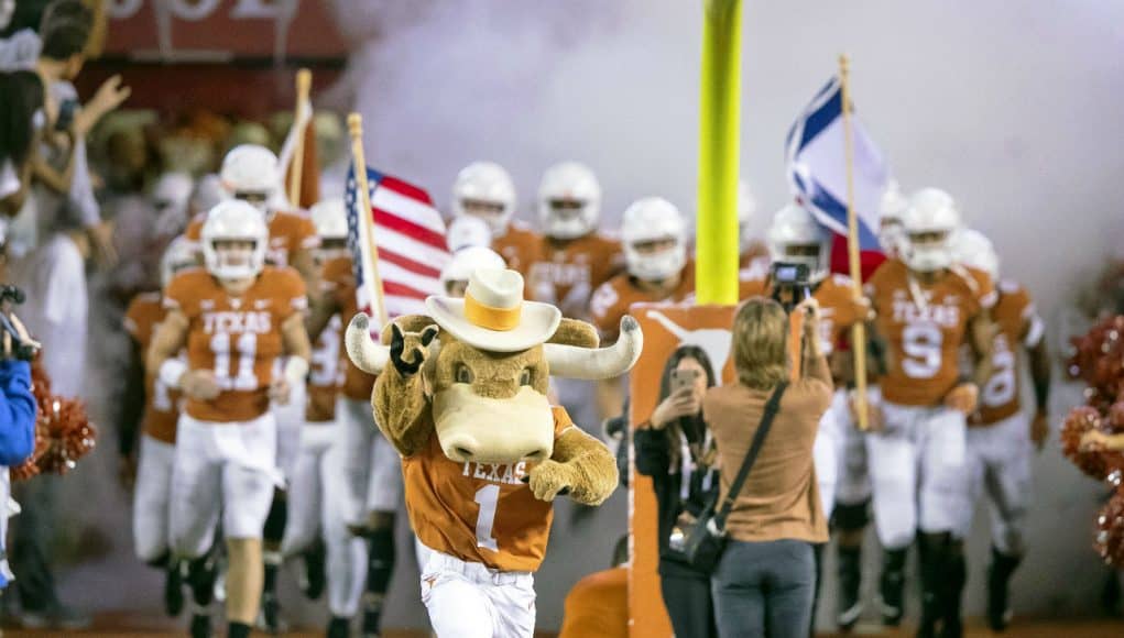 Nov 17, 2018; Austin, TX, USA; Texas Longhorns charge the field before the game against the Iowa State Cyclones at Darrell K Royal-Texas Memorial Stadium. Mandatory Credit: John Gutierrez-USA TODAY Sports