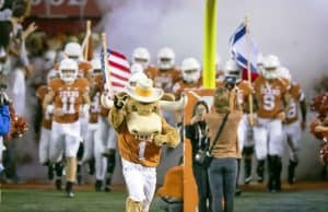 Nov 17, 2018; Austin, TX, USA; Texas Longhorns charge the field before the game against the Iowa State Cyclones at Darrell K Royal-Texas Memorial Stadium. Mandatory Credit: John Gutierrez-USA TODAY Sports