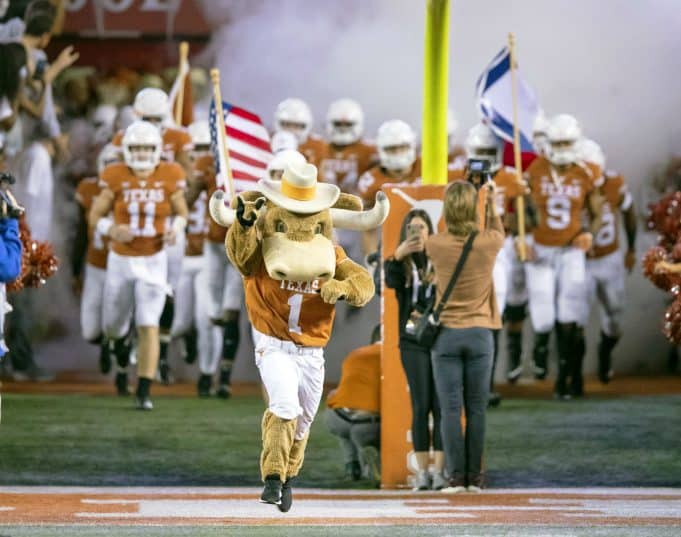 Nov 17, 2018; Austin, TX, USA; Texas Longhorns charge the field before the game against the Iowa State Cyclones at Darrell K Royal-Texas Memorial Stadium. Mandatory Credit: John Gutierrez-USA TODAY Sports