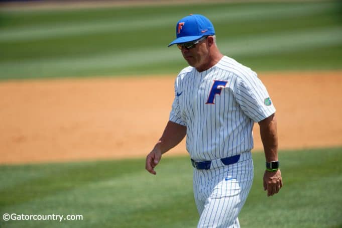 University of Florida manager Kevin O’Sullivan walks back to the dugout after meeting with Christian Scott- Florida Gators baseball -1280x853