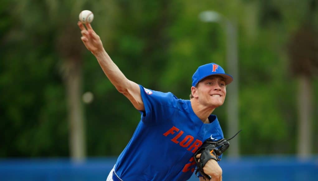 University of Florida pitcher Jack Leftwich delivers to the plate in his first start of the 2019 season- Florida Gators baseball- 1280x853