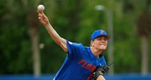 University of Florida pitcher Jack Leftwich delivers to the plate in his first start of the 2019 season- Florida Gators baseball- 1280x853