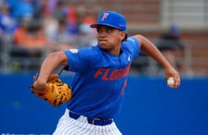 University of Florida pitcher Jordan Butler delivers to the plate in a win over the Miami Hurricanes- Florida Gators baseball- 1280x853