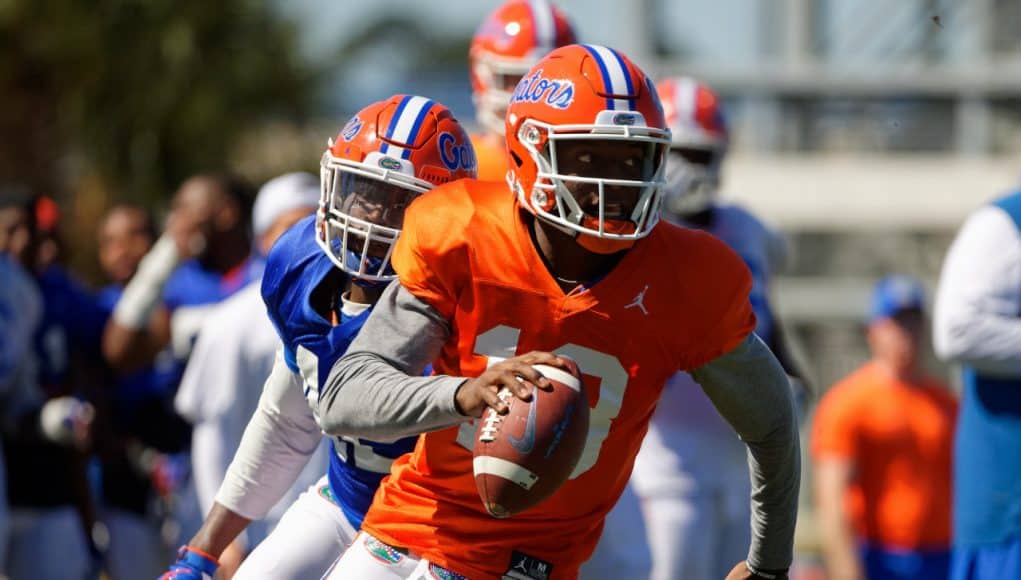 University of Florida quarterback Jalon Jones scrambles during a practice in spring camp- Florida Gators football- 1280x853