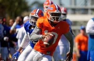 University of Florida quarterback Jalon Jones scrambles during a practice in spring camp- Florida Gators football- 1280x853