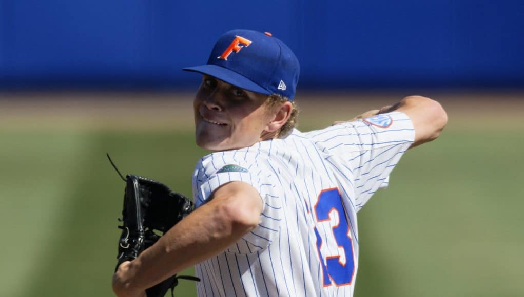 University of Florida pitcher Jack Leftwich throws against the Auburn Tigers in the 2018 Gainesville Super Regional- Florida Gators baseball- 1280x853