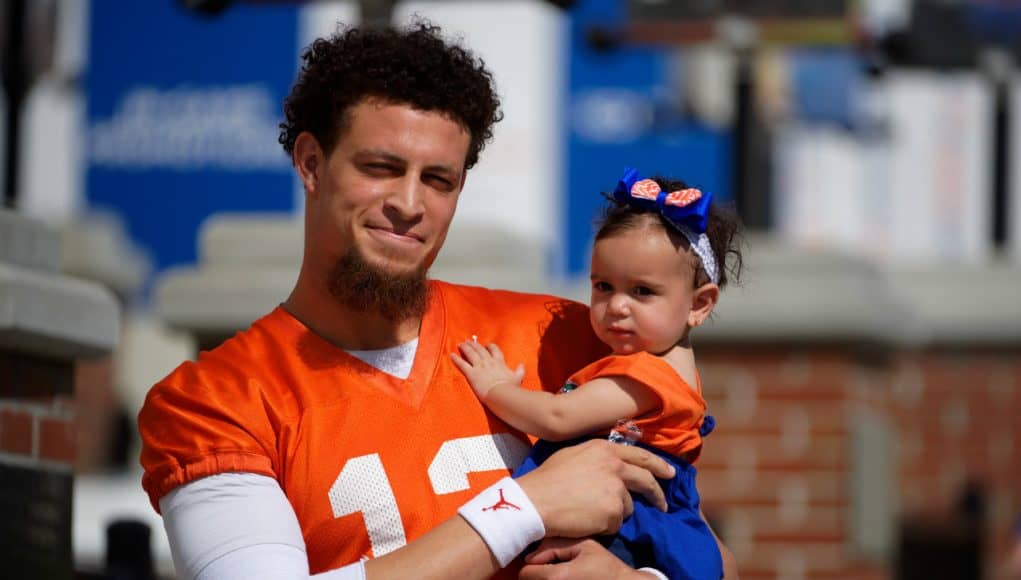 Florida Gators quarterback Feleipe Franks and his niece at spring practice- 1280x853