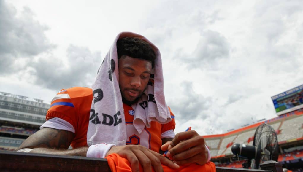 University of Florida running back Lamical Perine signs autographs for fans after the Orange and Blue game in 2019- Florida Gators football- 1280x838