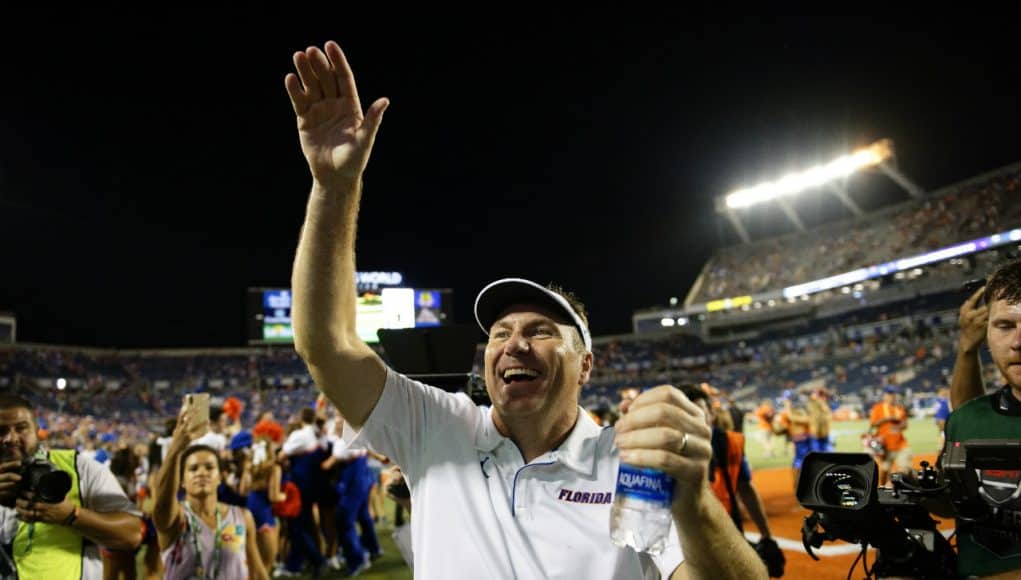 Florida Gators head coach Dan Mullen celebrates after knocking off Miami- 1280x853