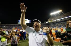 Florida Gators head coach Dan Mullen celebrates after knocking off Miami- 1280x853