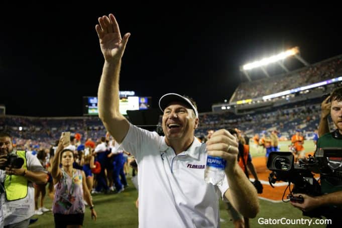 Florida Gators head coach Dan Mullen celebrates after knocking off Miami- 1280x853