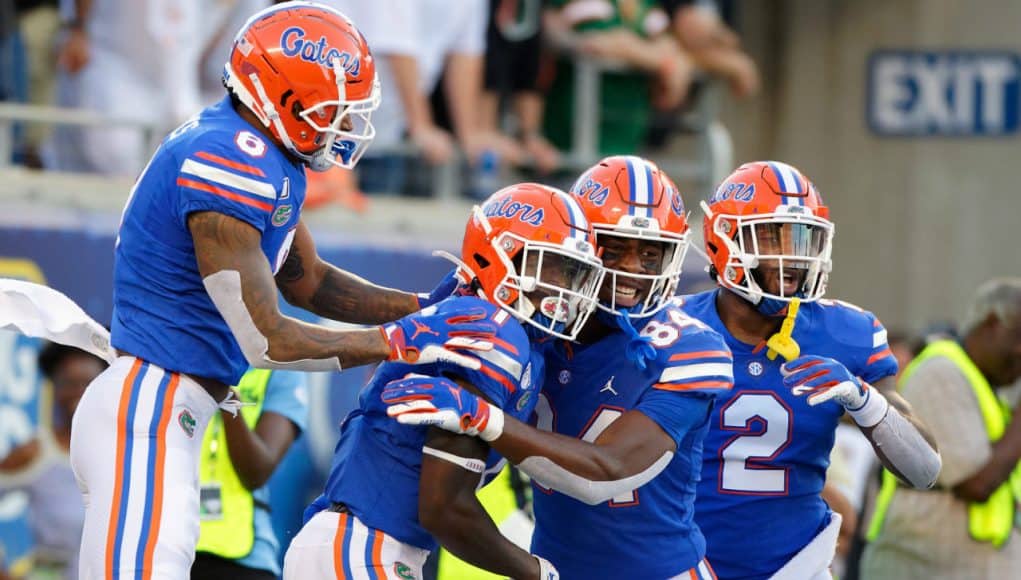 Florida Gators receiver Kadarius Toney celebrates a touchdown against Miami- 1280x853