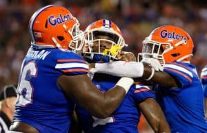 Florida Gators running back Lamical Perine celebrates after scoring against Miami- 1280x852