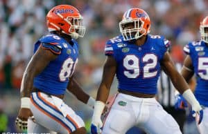 University of Florida defensive linemen Jabari Zuniga and Adam Shuler celebrate one of Florida’s 11 sacks against Miami- Florida Gators football- 1280x853