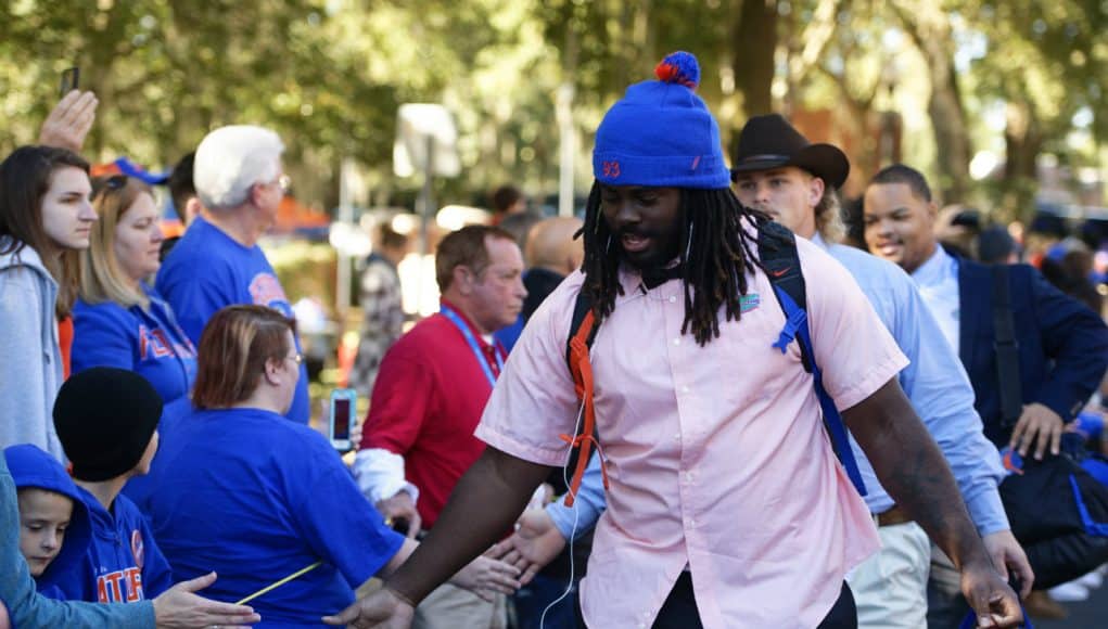 University of Florida defensive tackle Elijah Conliffe greets fans during Gator Walk before the Gators game against Idaho- Florida Gators football- 1280x853