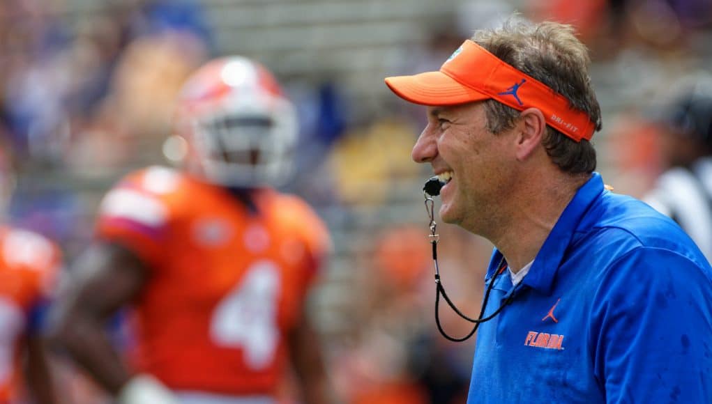 University of Florida head coach Dan Mullen calling plays during the Florida Gators Orange and Blue Debut- Florida Gators football- 1280x853