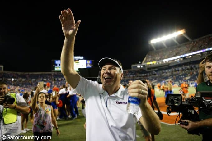 University of Florida head coach Dan Mullen celebrates the Florida Gators 24-20 win over Miami- Florida Gators football-1280x853