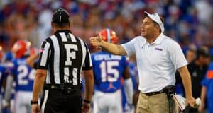University of Florida head coach Dan Mullen talking to a Big 12 referee during the Florida Gators 24-20 win over Miami- Florida Gators football- 1280x853
