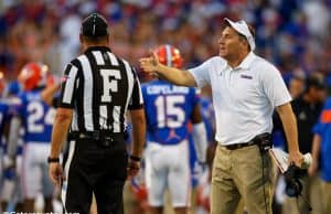 University of Florida head coach Dan Mullen talking to a Big 12 referee during the Florida Gators 24-20 win over Miami- Florida Gators football- 1280x853
